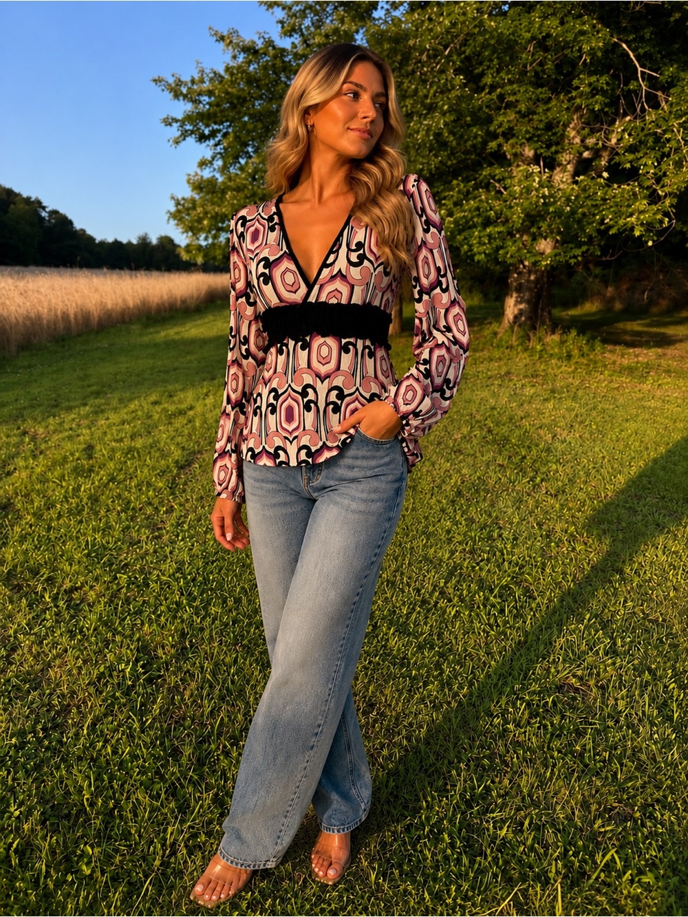 Woven V-Neck Printed Blouse in Pink and Black